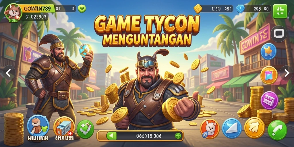 Tangkapan layar gameplay GOWIN789 yang menampilkan kemajuan bisnis Tycoon.
