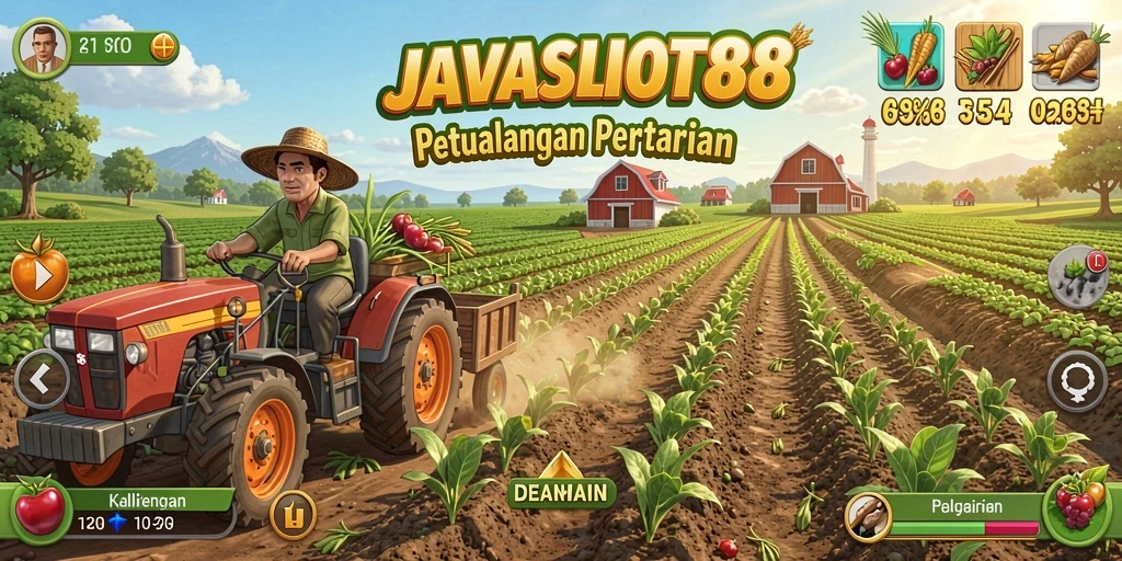 Screenshot gameplay <strong>JAVASLOT88</strong> menunjukkan aktivitas bertani yang seru dan interaktif.