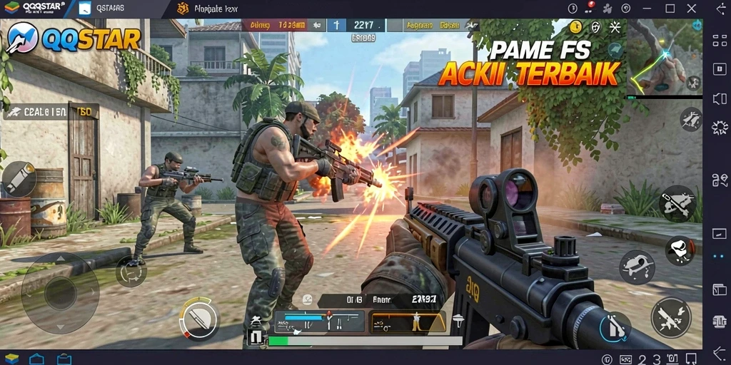 Tangkapan layar dari gameplay seru QQSTAR yang menampilkan aksi FPS intens.