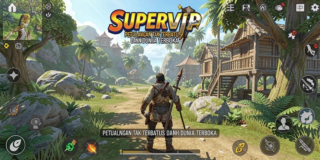 Tangkapan layar utama dari SUPERVIP menampilkan eksplorasi dunia terbuka yang mengesankan.
