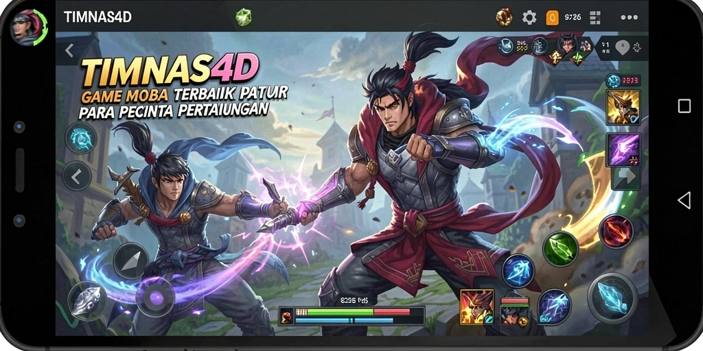 Tampilan dinamis gameplay MOBA di TIMNAS4D dengan pertarungan seru.