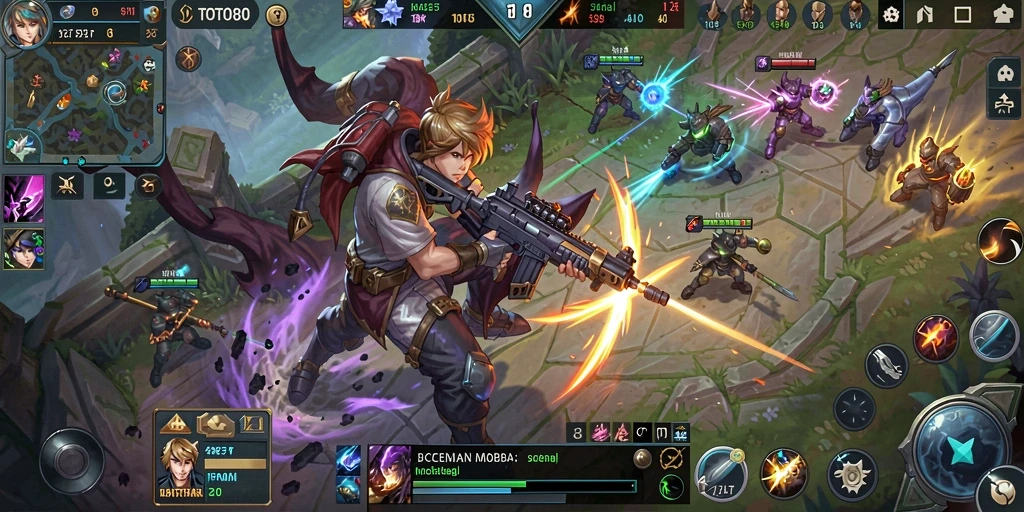 Tangkapan layar utama TOTO80 menampilkan aksi gameplay MOBA yang mendebarkan.